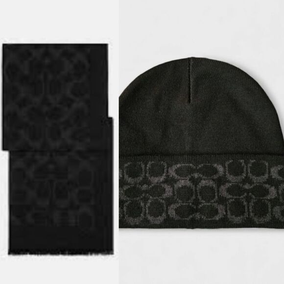 Coach Black Logo Monogram Scarf & Beanie Hat Set main image 5